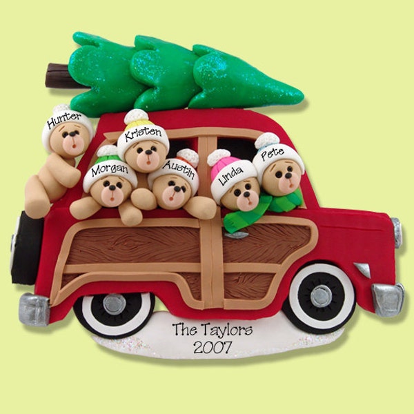 Belly Bear Family of 6 in Woody Wagon, HANDMADE POLYMER CLAY,  Personalized Christmas Ornament