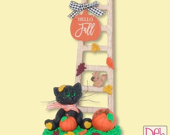 Spooky's "Hello Fall" - Black Cat with Pumpkins and Wooden Ladder Fall Decor