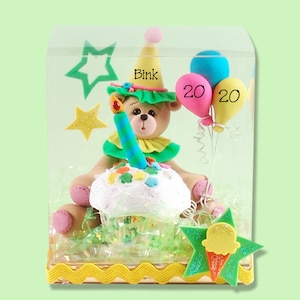 HANDMADE Polymer Clay BIRTHDAY BEAR Figurine in Custom Decorated Gift Box - Cake Topper - Limited Edition