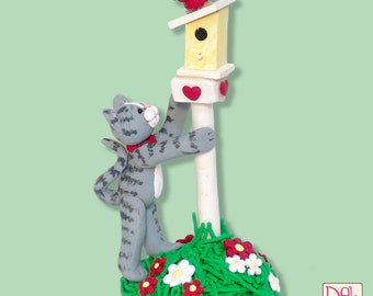 Gray KITTY CAT with Bird and Birdhouse HANDMADE Polymer Clay Personalized Ornament / Figurine