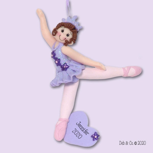 BALLERINA in Lavender Tutu Personalized Dance Ornament Handmade Polymer Clay in Custom Gift Box