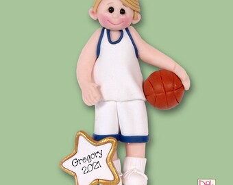Personalized Boy Basketball Ornament, HANDMADE Polymer Clay in Custom Gift Box - Blonde Hair