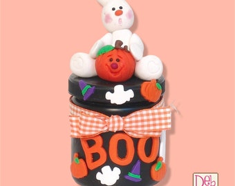 Black Candy Jar with HANDMADE Boo Ghost on Top  POLYMER CLAY Halloween Decor