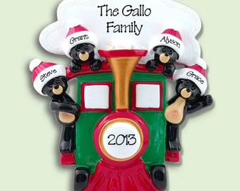 4 BLACK BEARS in Train Personalized Family Ornament - Hand Personalized Christmas Ornament