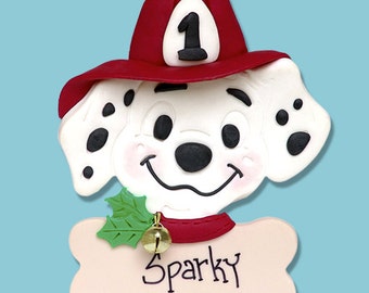 DALMATIAN  w/Fire Hat Personalized Puppy Dog Fireman Christmas Ornament HANDMADE Polymer Clay