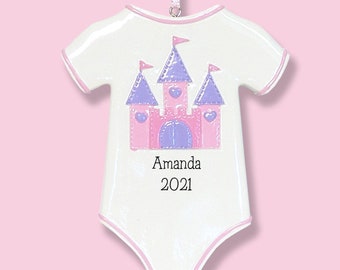Baby's First Christmas Ornament, Onesie with Castle Baby ornament for GIRL, Personalized Ornaments, RESIN Baby Ornament