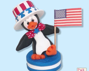 Patriotic Petey Penguin on Cookie HANDMADE POLYMER Clay Figurine- Limited Edition