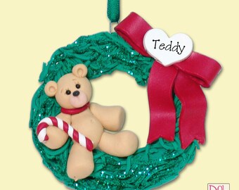 Christmas Bear Hanging from Wreath Personlized Christmas Ornament - Handmade Polymer Clay