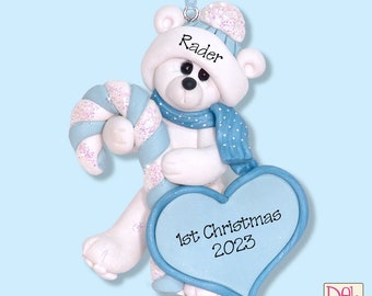 Polar Bear with Heart and Candy Cane Baby's 1st Christmas - Hanmdade Polymer Clay Personalized Christmas Figurine / Ornament
