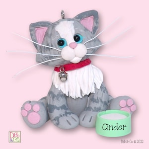 Gray & White  Tabby KITTY CAT HANDMADE Polymer Clay Personalized Christmas Ornament - Optional Christmas Lights