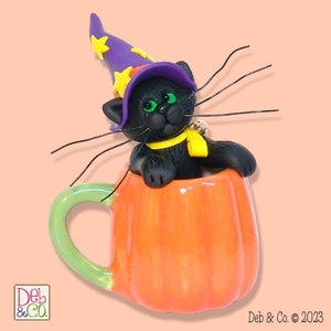 Halloween Black Cat  in ceramic Pumpkin Mug HANDMADE POLYMER CLAY  Halloween Figurine Decoration