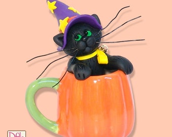 Halloween Black Cat  in ceramic Pumpkin Mug HANDMADE POLYMER CLAY  Halloween Figurine Decoration