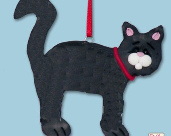 Black & White Flat  KITTY CAT HANDMADE Polymer Clay Christmas Ornament - Limited Edition