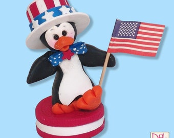 Patriotic Petey Penguin on RED Cookie HANDMADE POLYMER Clay Figurine- Limited Edition