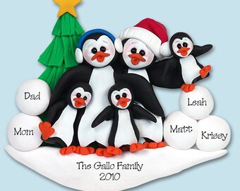 Penguin Family of 5  Polymer Clay HANDMADE Personalized Christmas Ornament
