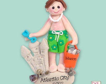 Giggle Gang BOY at the BEACH Handmade Polymer Clay Personalized Christmas Ornament