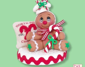 Gingerbread Clay Figure with Candy Cane on Base with Ric Rac HANDMADE POLYMER CLAY Figurine - Tiered Tray Decor