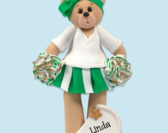 Green Cheerleader Belly  Bear Handmade Polymer Clay Personalized Christmas Ornament