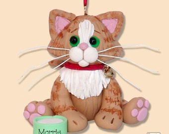 Orange Tabby KITTY CAT HANDMADE Polymer Clay Personalized Christmas Ornament