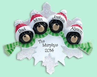 Black Bear Family of 4 on Snowflake Hand Painted RESIN Personalized Christmas Ornament