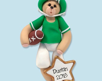 Personalized Football Ornament, Bear Personalized Ornament Handmade Polymer Clay, Football Player Ornament, Green Football Ornament