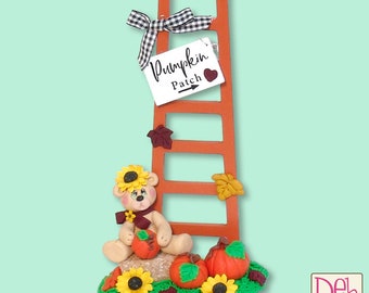 Paulie's Pumpkin Patch -Handmade Polymer Clay Collectible Bear with Wooden Ladder Figurine for Fall Decor