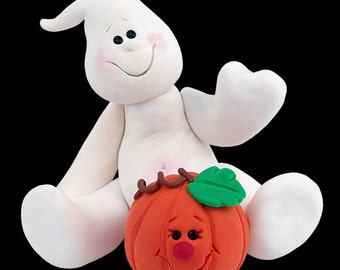Belly Boo Ghost with Pumpkin HANDMADE POLYMER CLAY Halloween Ornament