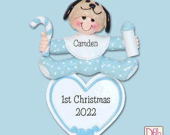 Baby's First Christmas - Baby BOY w/Puppy Dog Hat - Personalized Christmas Ornament  - Handpainted RESIN