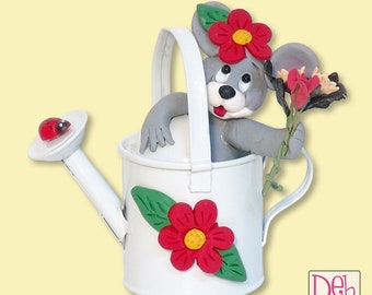 Marty Mouse in Watering Can Handmade POLYMER Clay Figurine  Tiered Tray Deco