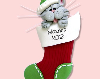 Gray Tabby Christmas KITTY CAT in Stocking HANDMADE Polymer Clay Personalized Christmas Ornament