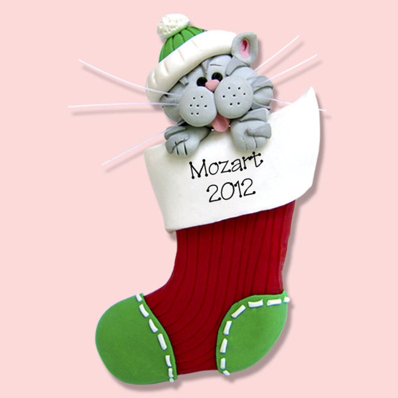 Gray Tabby Christmas KITTY CAT in Stocking HANDMADE Polymer Clay