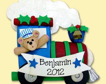 Train with Bear Personalized Ornament - Handmade Polymer Clay Christmas Ornament