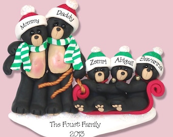 Black Bear Family of 5 in Sled HANDMADE POLYMER CLAY Personalized Christmas Ornament