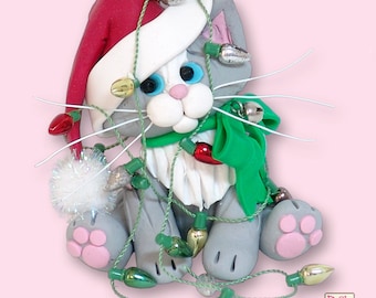 Gray & White KITTY CAT with Santa Hat HANDMADE Polymer Clay Personalized Christmas Ornament - Optional Christmas Lights