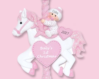 Baby's First Christmas - Baby GIRL on Carousel Horse- Personalized Christmas Ornament  - RESIN