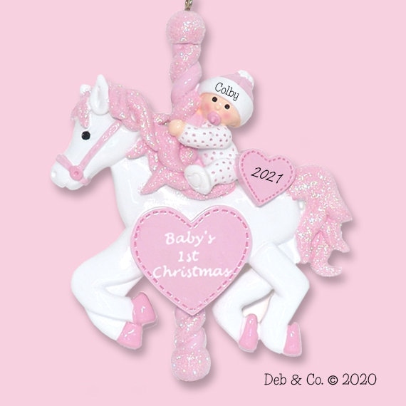 Baby's First Christmas Baby GIRL on Carousel Horse- Personalized