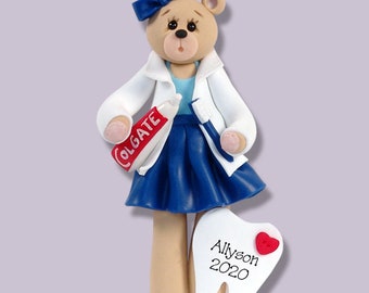 Female Dentist / Dental Hygienist Belly Bear Polymer Clay Personalized Christmas Ornament