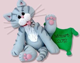 Grey Tabby  KITTY CAT HANDMADE Polymer Clay Personalized Christmas Ornament