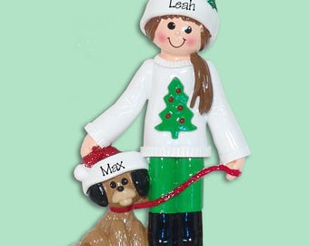Girl in Christmas Sweater with Dog Personalized Christmas Ornament - RESIN
