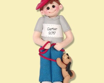 Giggle Gang Boy with Puppy Dog HANDMADE POLYMER CLAY Ornament - Personalized Christmas Ornament Limited Edition