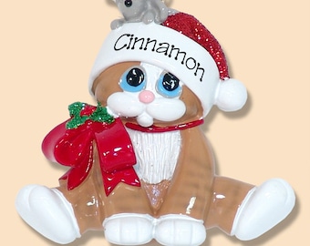 May include: A brown and white cat wearing a red Santa hat with the name "Cinnamon" written on it. The cat is holding a red bow and a small gray mouse is sitting on top of the hat.