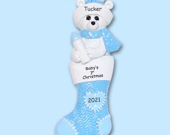 Baby's First Christmas - Polar Bear in Stocking Personalized Baby Ornament  for Boy - Hand Painted RESIN