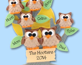 HOOT OWL Family of 6 Hand Painted RESIN Personalized Christmas Ornament