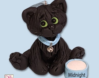 Solid Black KITTY CAT HANDMADE Polymer Clay Personalized Christmas Ornament