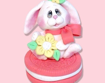 White Baby Bunny on Cookie Easter Bunny Handmade Polymer Clay Easter Decor