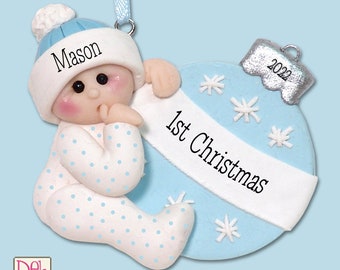 Baby's First Christmas - Baby BOY-Handmade Polymer Clay  Personalized Christmas Ornament  -