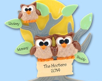 HOOT OWL Family of 3 Hand Painted RESIN Personalized Christmas Ornament