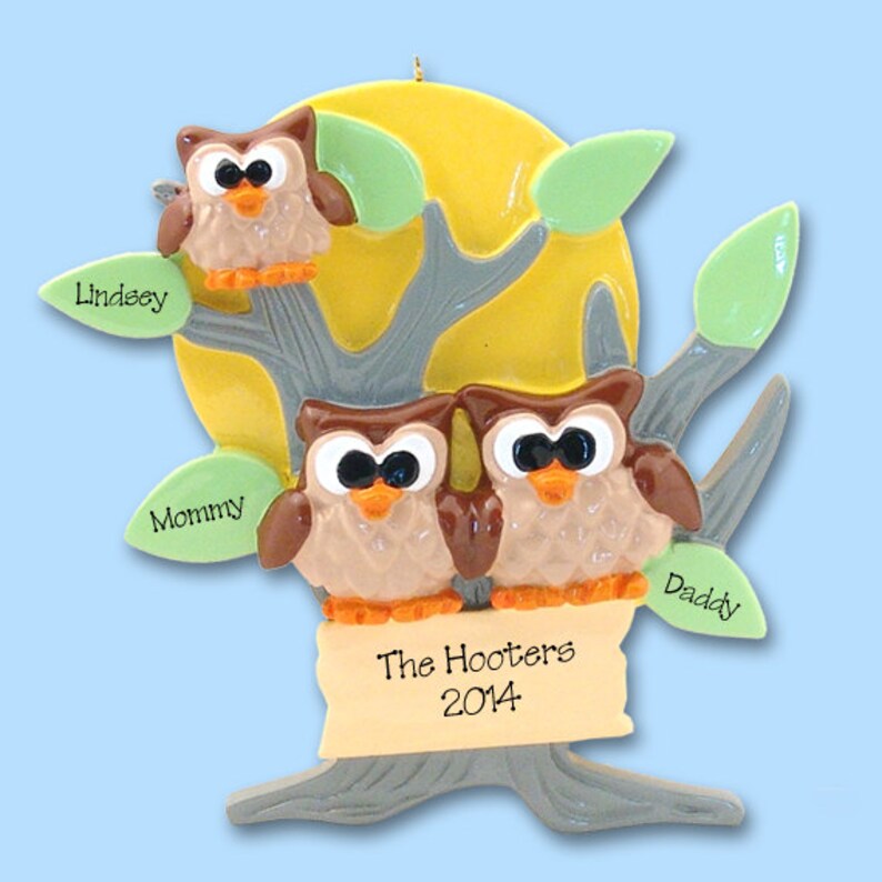 HOOT OWL Family of 3 Hand Painted RESIN Personalized Christmas Ornament ...