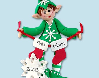 Elf with Stockings Family of 2  Polymer Clay Personalized Christmas Ornament