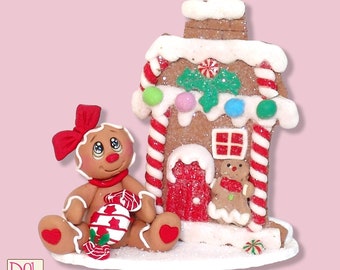 Gingerbread Clay Figure with Gingerbread House HANDMADE POLYMER CLAY Christmas Figurine - Tiered Tray Decor